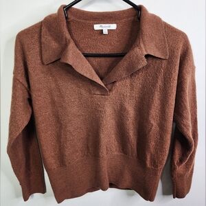 Merino Wool Polo Collared Sweater, Boxy, Cropped, Large , Rusty Brown